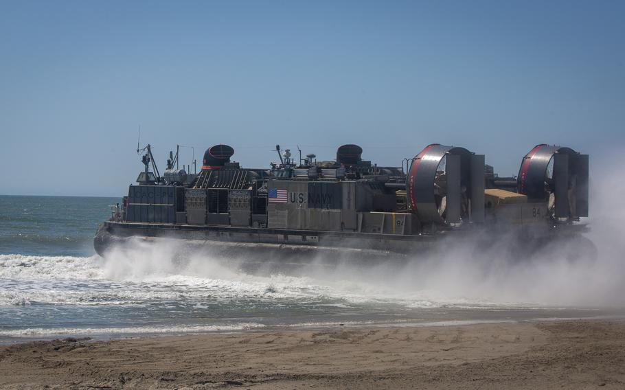 Marines with the 24th Marine Expeditionary Unit and sailors with the USS Wasp Amphibious Ready Group conduct amphibious operations from a landing craft air cushion, or LCAC, at Marine Corps Base Camp Lejeune, N.C., April 15, 2024. 