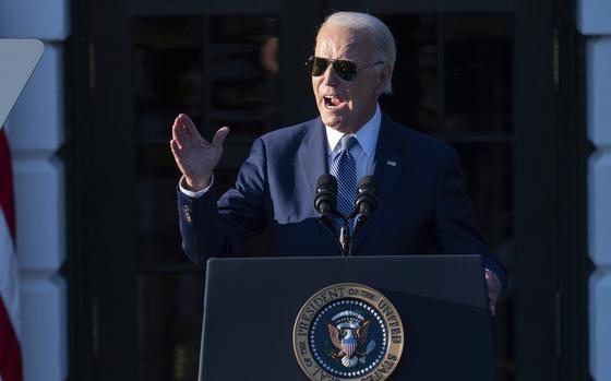 President Joe Biden speaks during the Violence Against Women Act 30th anniversary celebration on the South Lawn of the White House, Thursday, Sept. 12, 2024, in Washington. (AP Photo/Jose Luis Magana)