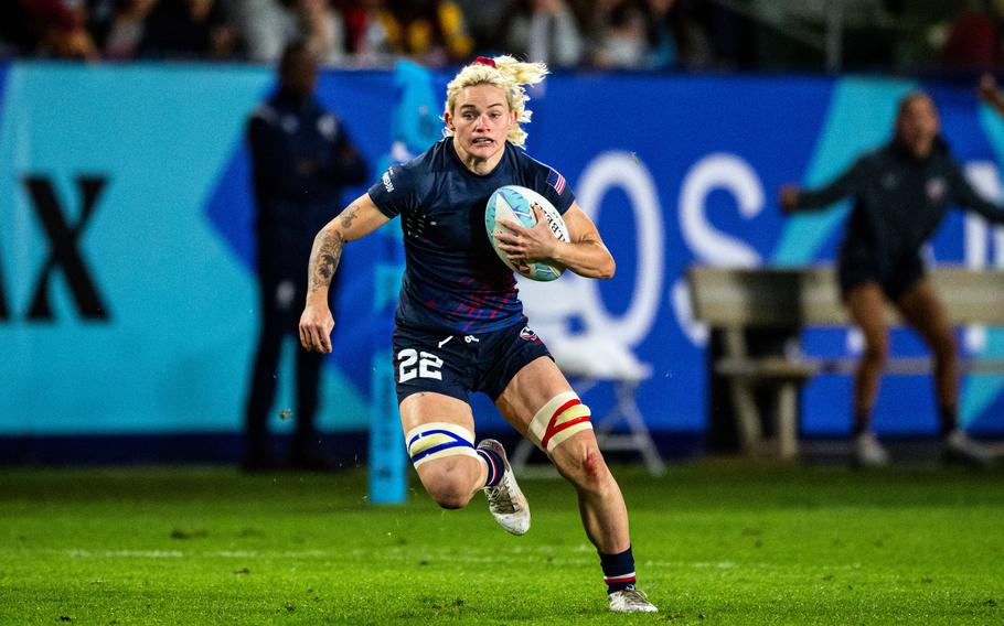 U.S. Army Capt. Sammy Sullivan runs with the ball during the USA Rugby Sevens tournament at Dignity Health Sports Park in Carson, California, on March 2. Sullivan is one of seven active duty soldiers who have qualified to compete in the 2024 Paris Olympics, which will be held July 26-Aug. 11.