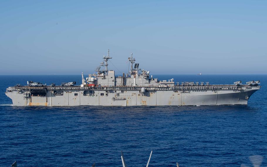 The amphibious assault ship USS Wasp steams in the Mediterranean Sea on June 30, 2024. The ship made a July 8 port call at Souda Bay, Greece, ahead of a deterrence mission in the eastern Mediterranean Sea and Middle East.