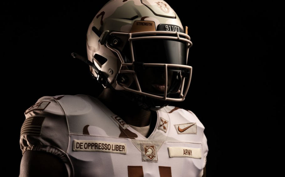 An Army player displays the motto of the Special Forces on his uniform: “De Opresso Liber” — Latin for “To free the oppressed.”