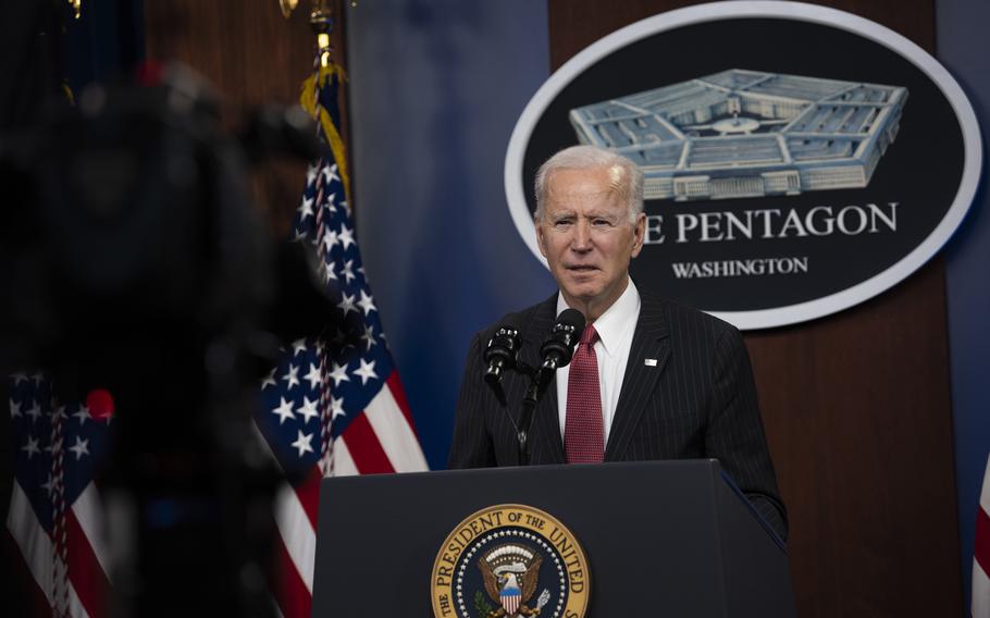 President Joe Biden delivers remarks to Department of Defense personnel, with Vice President Kamala Harris and Secretary of Defense Lloyd J. Austin III, the Pentagon, Washington, D.C., Feb. 10, 2021. 