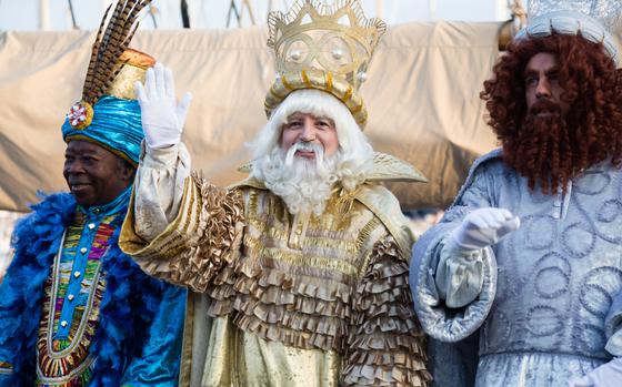 In Barcelona, the Magi arrive at port aboard a ship as part of Spain’s Three Kings Day festivities. 