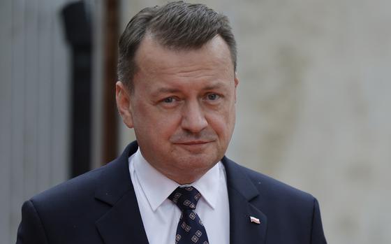 FILE - Polish Defence minister Mariusz Blaszczak arrives at the European Air Defense Conference at Les Invalides monument in Paris, Monday, June 19, 2023. (Geoffroy Van der Hasselt/Pool via AP, File)