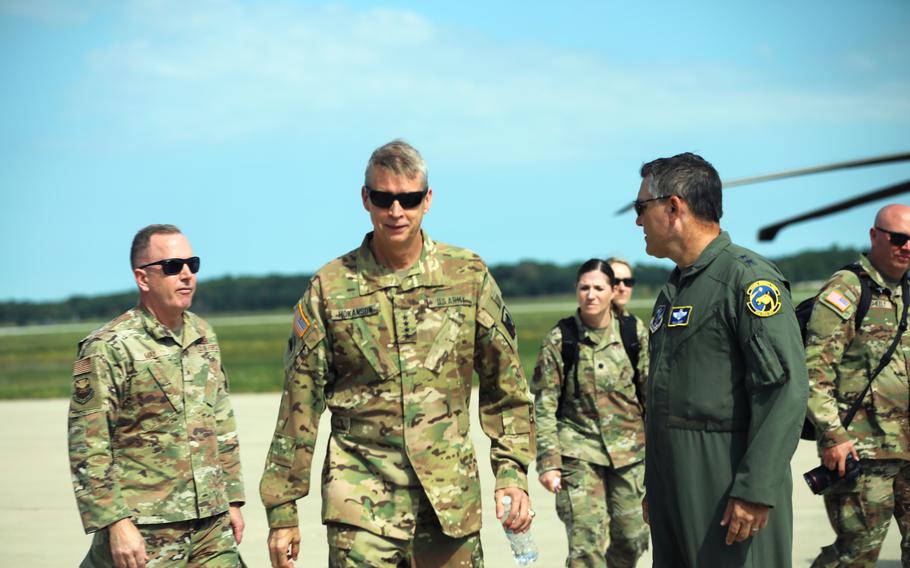 Brig. Gen. David May, Wisconsin’s deputy adjutant general for Air, and Maj. Gen. Paul Knapp, Wisconsin’s adjutant general, welcome Gen. Daniel Hokanson, chief of the National Guard Bureau, to Northern Lightning Counterland. Northern Lightning Counterland is a 12-day development session primarily for members of the United States Air Force and Air National Guard in which possible adversarial attacks are simulated with military aircraft.