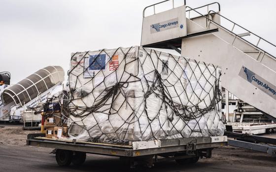 Mpox vaccine MVA-BN vaccine, manufactured by the Danish company Bavarian Nordic, are offloaded from a plane in Kinshasa, Congo, Thursday, Sept. 5, 2024. (AP Photo/Samy Ntumba Shambuyi)