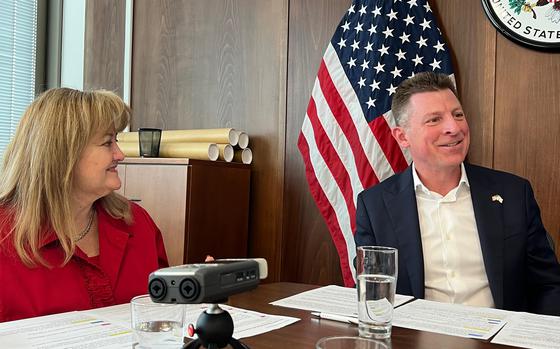 Linda Read, public affairs director for U.S. Army Garrison Bavaria and co-host of the "Better in Bavaria" podcast, interviews U.S. Consul General Timothy Liston in Munich on April 9, 2024.