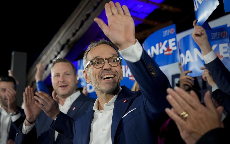 Herbert Kickl, leader of the Freedom Party of Austria waves to supporters, in Vienna, Austria, Sunday, Sept. 29, 2024.