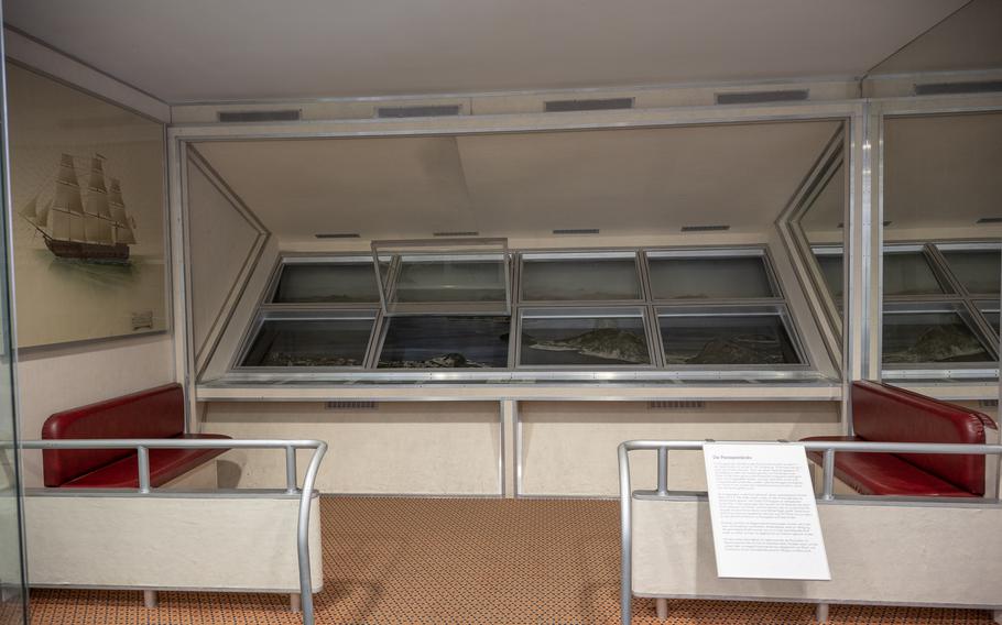 An exhibit at the Zeppelin Museum in Neu-Isenburg, Germany, shows a scaled-down version of the Hindenburg's passenger deck. Looking through the windows gives museum visitors a simulated view of what airship passengers over Rio de Janeiro saw.