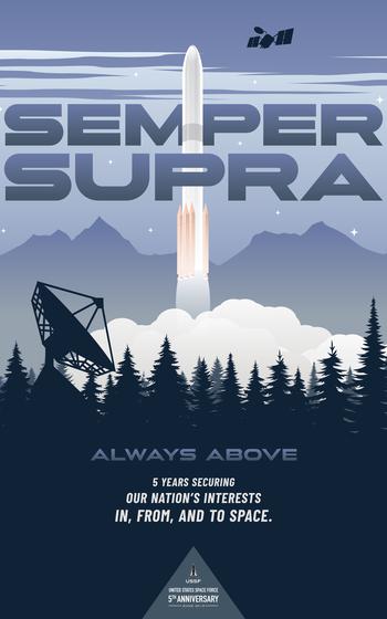 A graphic depicting a rocket rising through the words “Semper Supra.” 