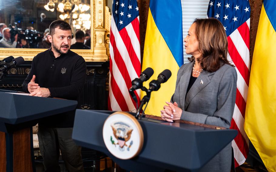 Vice President Kamala Harris with Ukrainian President Volodymyr Zelensky in Washington on Sept. 26, 2024