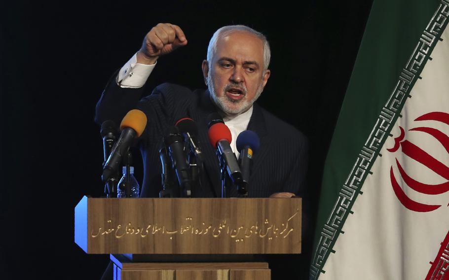 Iranian Foreign Minister Mohammad Javad Zarif speaks during a conference 