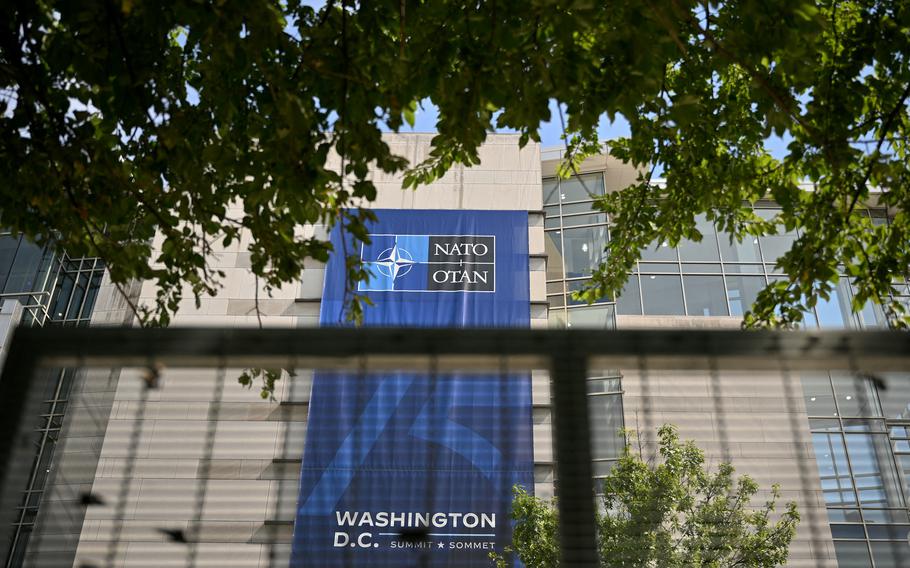 Security fencing set up outside the Washington convention center where the NATO summit will be taking place in Washington, D.C., from July 9-11, 2024. Canada is set to announce a plan to increase its defense spending to meet NATO targets. 