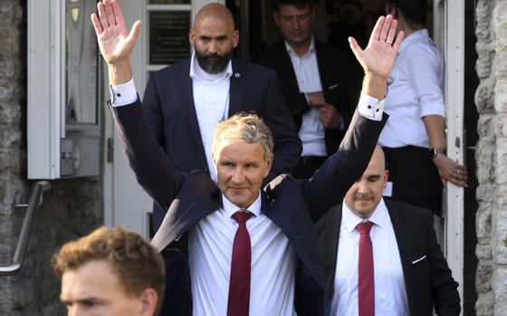 Björn Höcke, party and parliamentary group leader of the AfD in Thuringia and top candidate, leaves the AfD election party in Erfurt, Germany, Monday Sept. 2, 2024. (Daniel Vogl/dpa via AP)