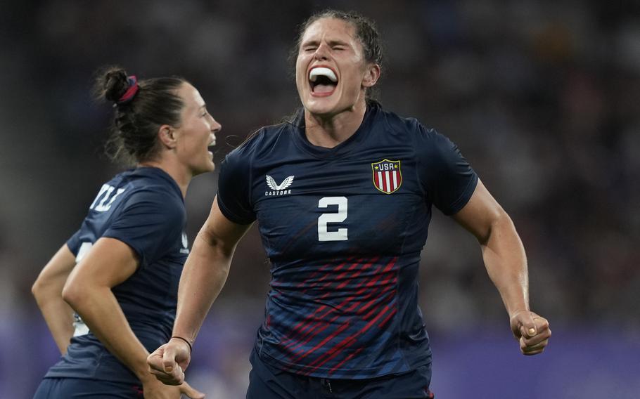 Ilona Maher celebrates after the United States defeated Great Britain in a women’s rugby sevens quarterfinal match at the Olympics in in Saint-Denis, France, on July 29, 2024.