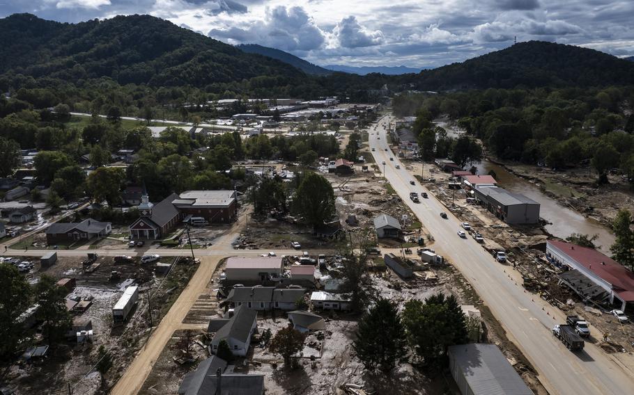 Debris littered throughout Swannanoa, N.C., in the aftermath of Hurricane Helene.