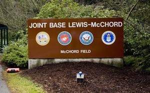 A welcome sign at Joint Base Lewis-McChord in Washington.