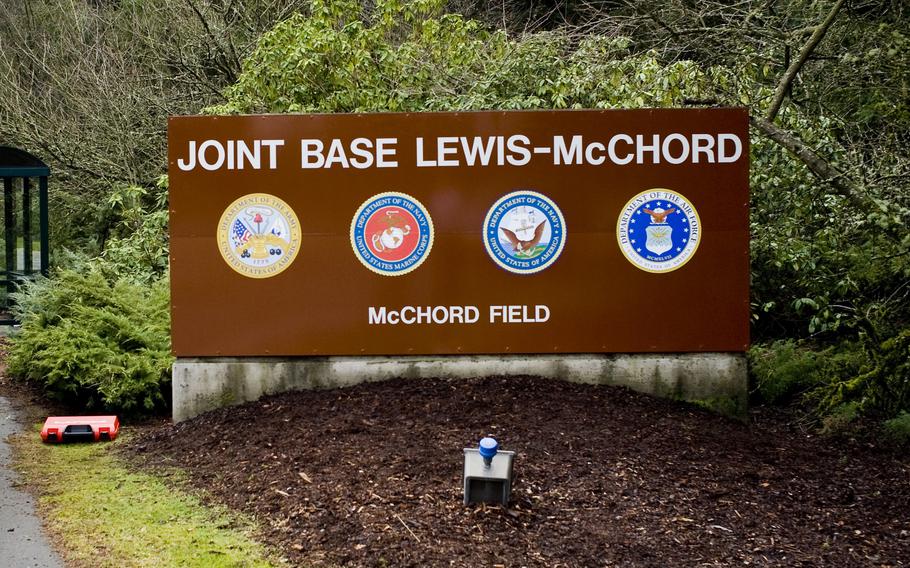 A welcome sign at Joint Base Lewis-McChord in Washington.