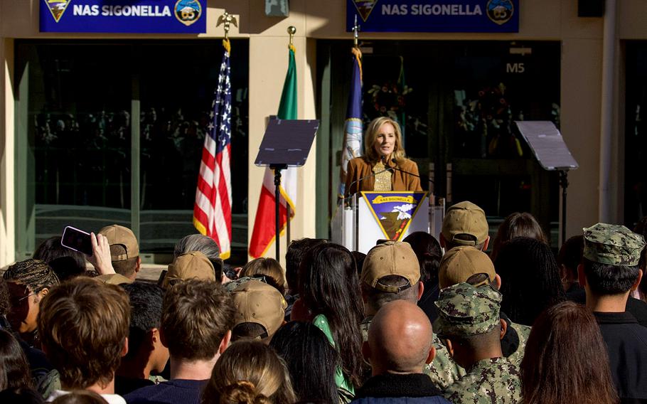 First lady Jill Biden speaks to about 150 service members and their families