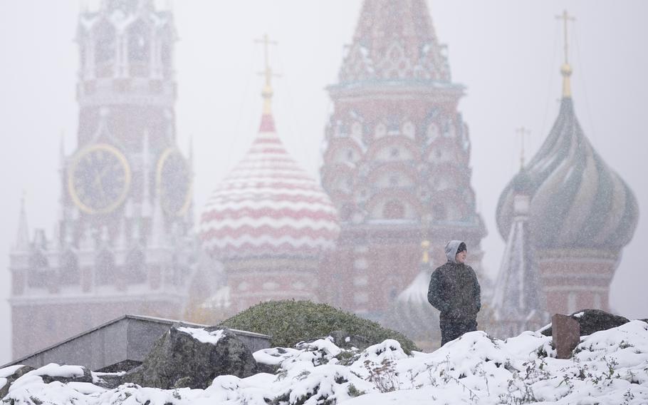 A man walks at Zaryadye park 