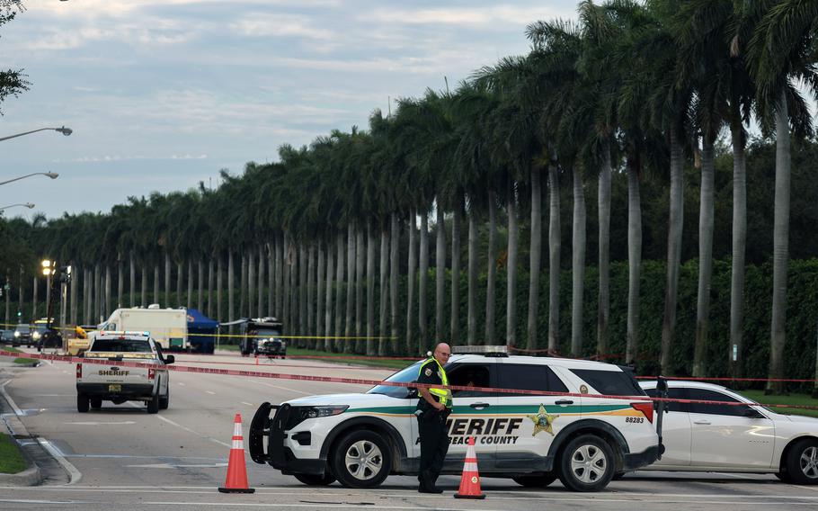 Palm Beach County Sheriff personnel block a road near the Trump International Golf Club after an apparent assassination attempt of former President Donald Trump on Sept. 16, 2024, in West Palm Beach, Fla. 