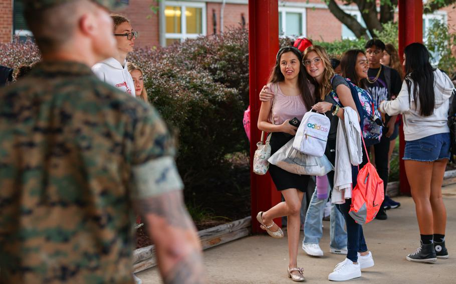 Students welcome each other during a back-to-school celebration at the Quantico Middle/High School on Marine Corps Base Quantico, Va., Aug. 21, 2024. 