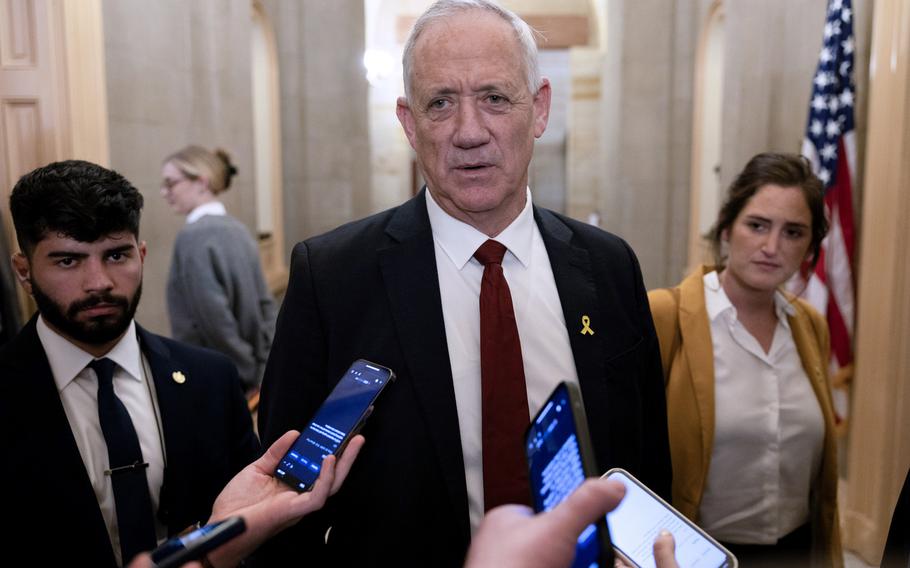 Benny Gantz, a member of Israel’s war cabinet, talks to the media after a meeting with Senate Minority Leader Mitch McConnell, R-Ky., at the U.S. Capitol on March 4, 2024, in Washington.