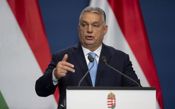 Hungarian Prime Minister Viktor Orban speaks during his annual international press conference in Budapest, Hungary, Saturday, Dec. 21, 2024. (AP Photo/Denes Erdos)