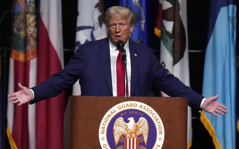 Donald Trump speaks at the National Guard Association in Detroit on Aug. 26, 2024.