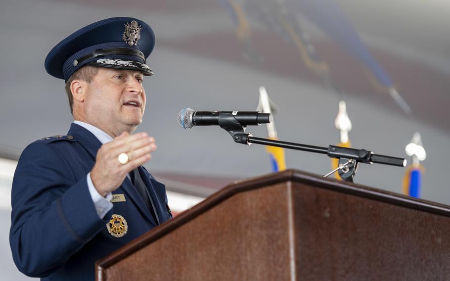 Air Force Maj. Gen. Phillip Stewart, 19th Air Force commander, speaks during a change-of-command ceremony Aug. 19, 2022, at Joint Base San Antonio-Randolph Air Force Base, Texas. 