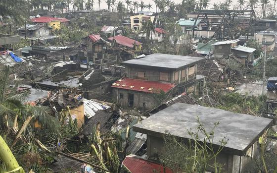 Houses and palm trees that were damaged by a typhoon.