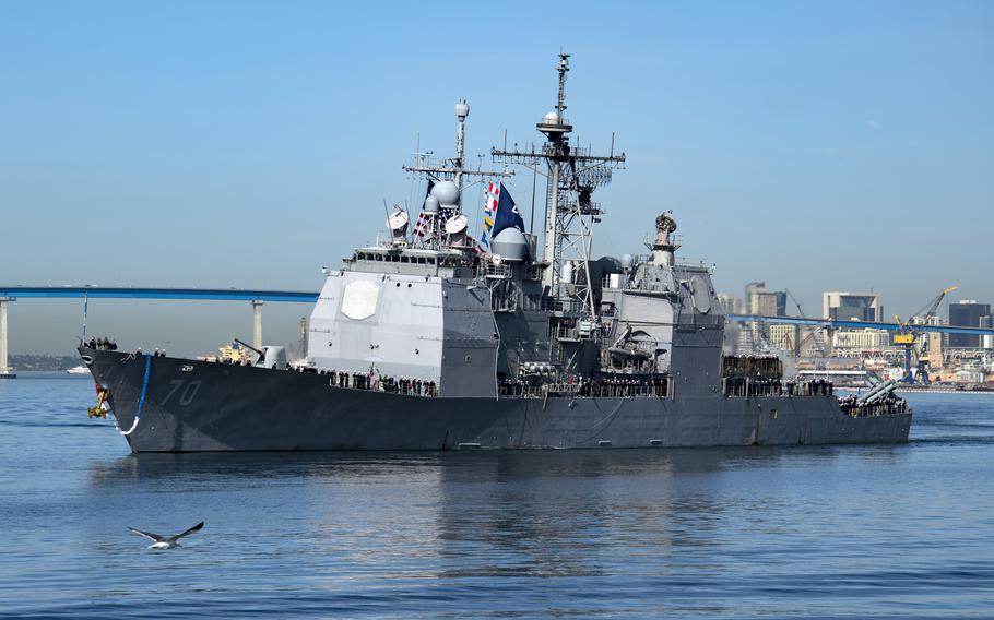 The commander of the guided-missile cruiser USS Lake Erie, seen here returning to San Diego in November 2019, was relieved of duty on Thursday, Oct. 12, 2023. 