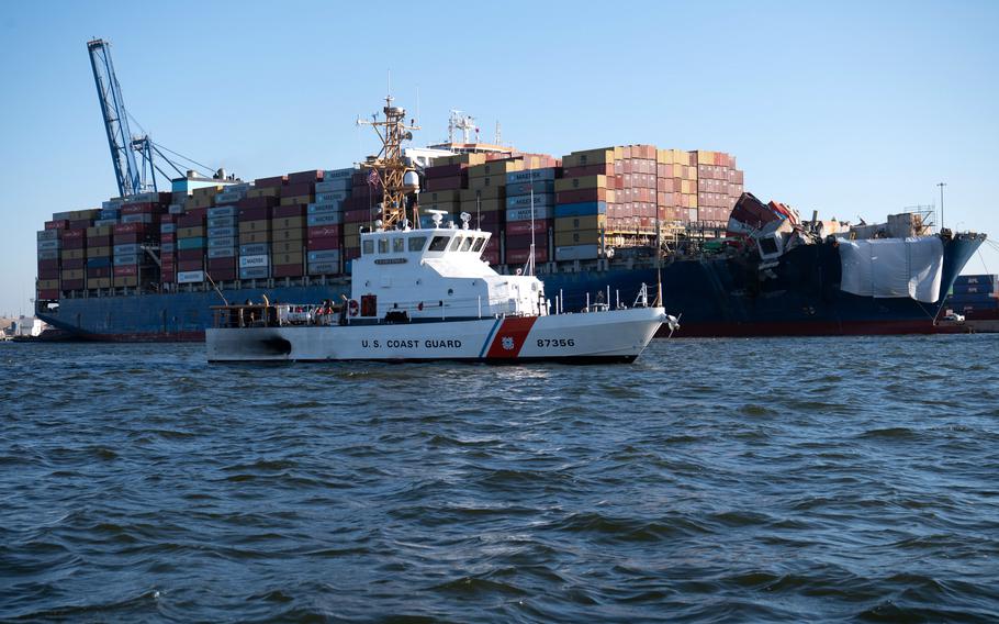 The crew of the U.S. Coast Guard Cutter Sailfish, an 87-foot Marine Protector class vessel, prepares to escort the Motor Vessel Dali during its transit from the Port of Baltimore to the Port of Virginia, June 24, 2024. 
