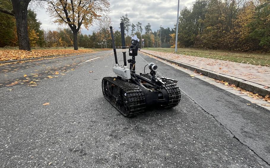 Students at Grafenwoehr Elementary School get to watch a bomb disposal robot.