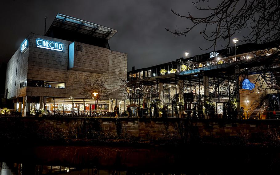 Outside view of a movie theater complex with bars and restaurants in Nuremberg.