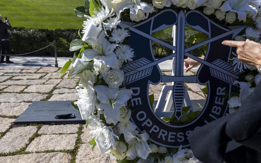 The wreath laid by the U.S. Army’s 1st Special Forces Command (Airborne) to honor President John F. Kennedy, Oct. 17, 2024 at Arlington National Cemetery in Arlington, Va. 