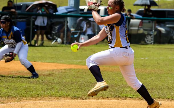 Brinn Hardt, a senior right--hander shown in the 2023 Guam island softball final, has traded in Guam High togs for a George Washington uniform. The Panthers do not have a team this season, citing lack of players.