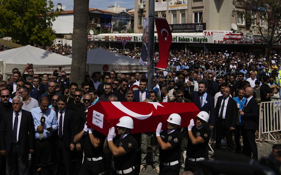 Turkish military police carry the body of Aysenur Ezgi Eygi, 26 year-old Turkish-American activist killed by the Israeli military, for the funeral prayer outside the central mosque of City of Didim, Turkey.