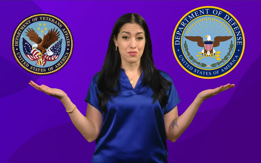 A woman holds two hands out, palms up, each under the respective logos for the Department of Veterans Affairs and the Department of Defense.