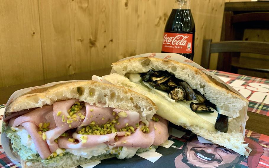 Two Italian sandwiches ready to eat, from a shop in Naples.