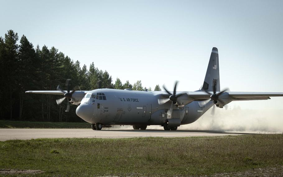 An Air Force C-130 prepares for takeoff at the Joint Multinational Readiness Center in Germany on Sept. 5, 2024, after dropping off weapons and equipment for soldiers participating in exercise Saber Junction.