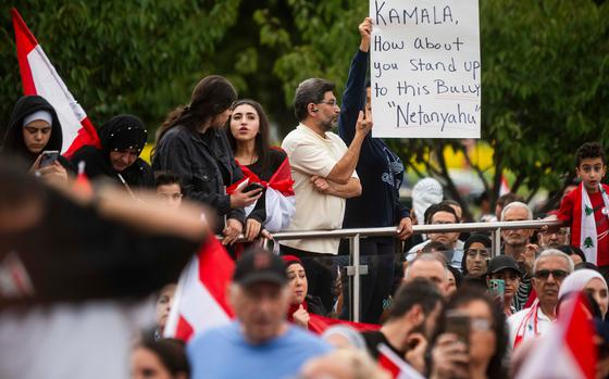 Hundreds gather for a rally in support of Lebanon in light of recent Israeli strikes that killed hundreds, on Wednesday, Sept. 25, 2024 in front of the Henry Ford Centennial Library in Dearborn.