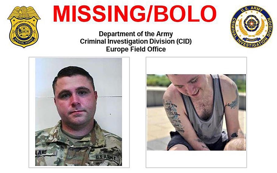 Staff Sgt. Jonathan Lane pictured in undated photos released by the U.S. Army Criminal Investigation Division in July 2023, was reported missing last year and taken into custody in April 2024. The 12th Combat Aviation Brigade soldier has been charged with multiple offenses including desertion, an Army official said. 