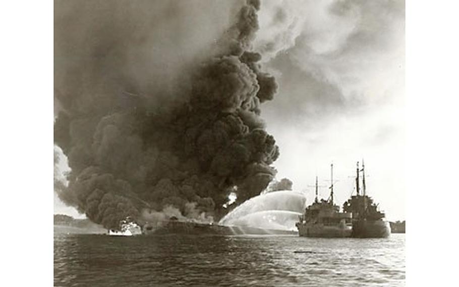 Aftermath of the catastrophic explosion at West Loch in Pearl Harbor, Hawaii, in 1944. 