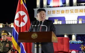 North Korean leader Kim Jong Un speaks at the unveiling of 250 new missile launchers in this photo release Monday, Aug. 5, 2024, by the state-run Korean Central News Agency