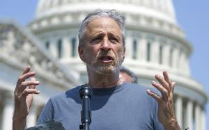 FILE - Entertainer and activist Jon Stewart speaks at the Capitol in Washington, May 26, 2021. Stewart is pressing the Biden administration to fix a loophole in a massive veterans aid bill that has left out some of the very first troops who responded after the Sept. 11 attacks. They got sick from staying at at Karshi-Khanabad, Uzbekistan, or K2, a base contaminated with enriched uranium. (AP Photo/J. Scott Applewhite, File)
