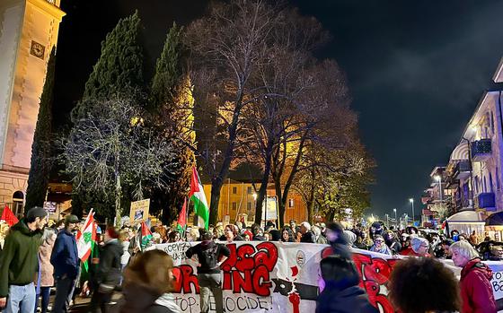 Pro-Palestinian protesters gather in Vicenza and march to Caserma Ederle, home to U.S. Army Garrison Italy, on Nov. 5, 2024. The protest was largely peaceful despite an outer wall of the army post being spraypainted. The paint was quickly removed, military officials said.