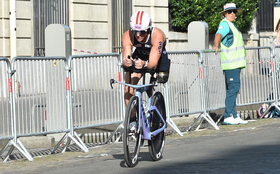 Army veteran Melissa Stockwell rides during the bike portion of the women's PTS2 triathlon on Monday, Sept. 2, 2024, at the 2024 Paralympics Games in Paris. Stockwell finished fifth in the race.