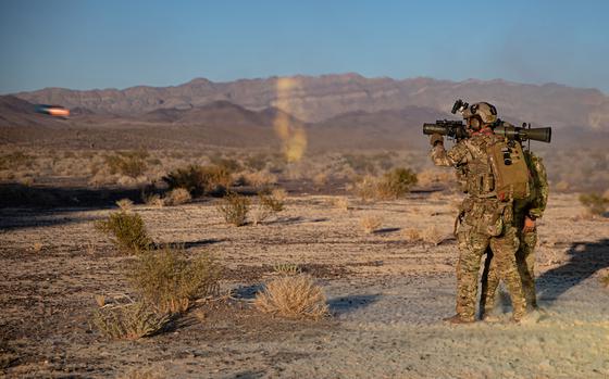 A Green Beret assigned to 3rd Special Forces Group (Airborne) fires an M3 Carl Gustaf Rocket launcher during a training event near Nellis Air Force Base, Nev., Aug. 26, 2019. U.S. Special Forces trained with U.S. Air Force Joint Terminal Attack Controllers and utilized weapons ranging from small arms to A-10 Thunderbolt ll aircraft. (U.S. Army photo by Sgt. Steven Lewis)