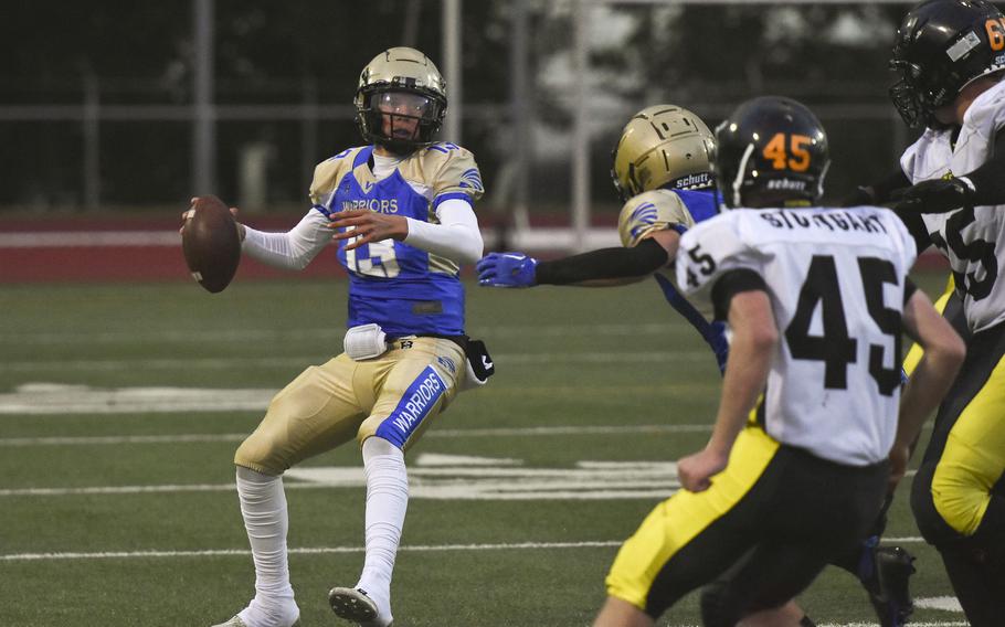 Wiesbaden quarterback Ben Cashen prepares for a throw in the third quarter of a home game against Stuttgart on Sept. 13, 2024. 